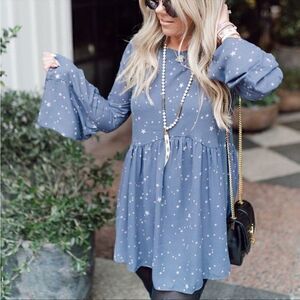 Buddy Love Mini Dress, blue with white stars, big bell sleeve Flowy Shift Dress